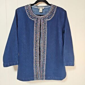 Vtg blutique Womens Denim Jacket Large Beaded Embroidered Collar Artsy Boho Chic